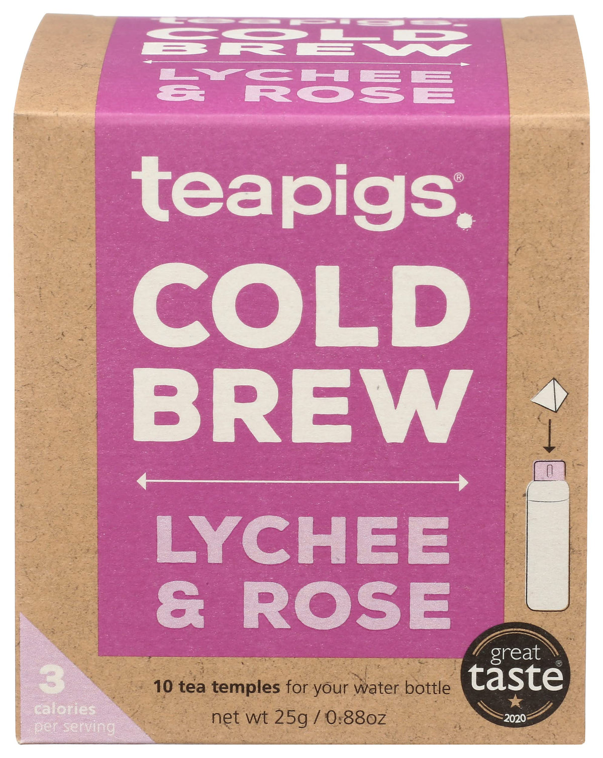 teapigs Cold Brew Lychee & Rose bottle pour shows a refreshing caffeine-free break.