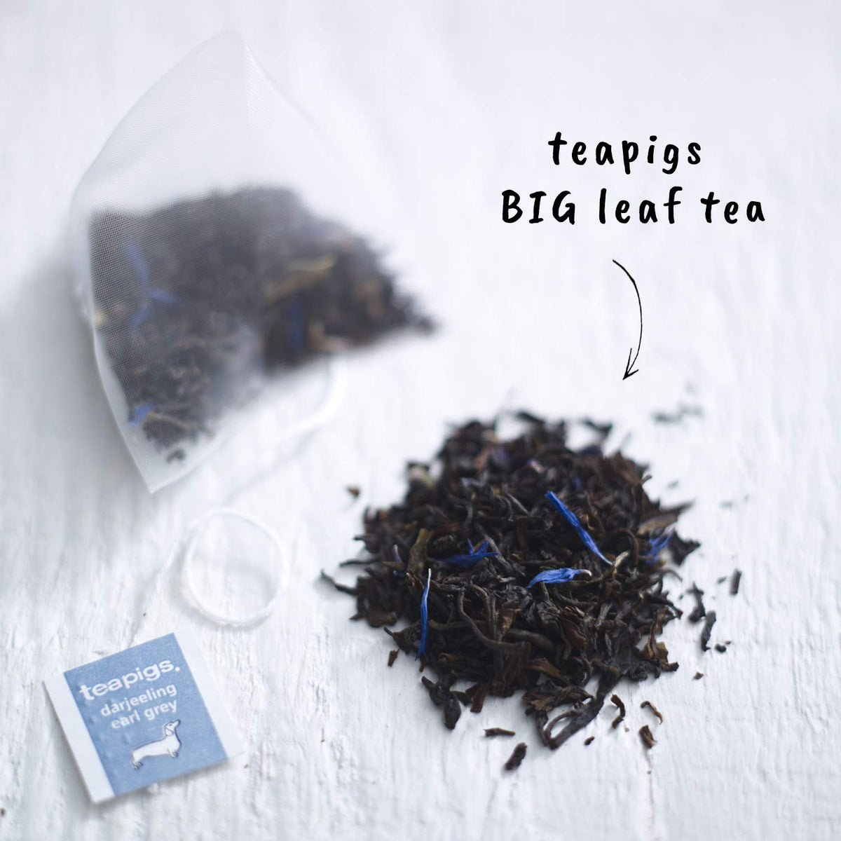 Closeup of Teapigs Darjeeling Earl Grey whole leaves highlighting premium quality