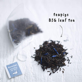 Closeup of Teapigs Darjeeling Earl Grey whole leaves highlighting premium quality