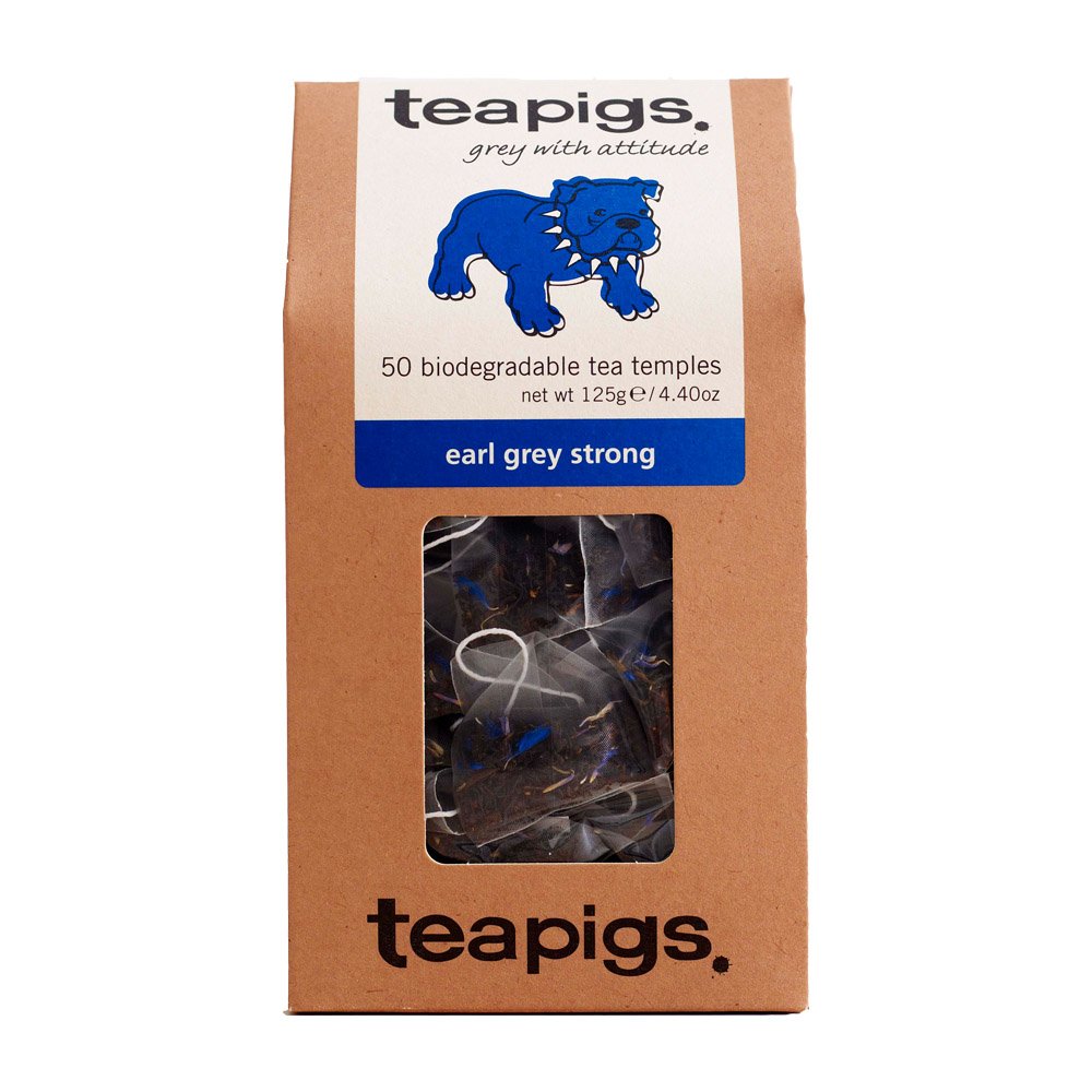 Teapigs Earl Grey Strong packaging showcasing roomy temples for bold flavor.