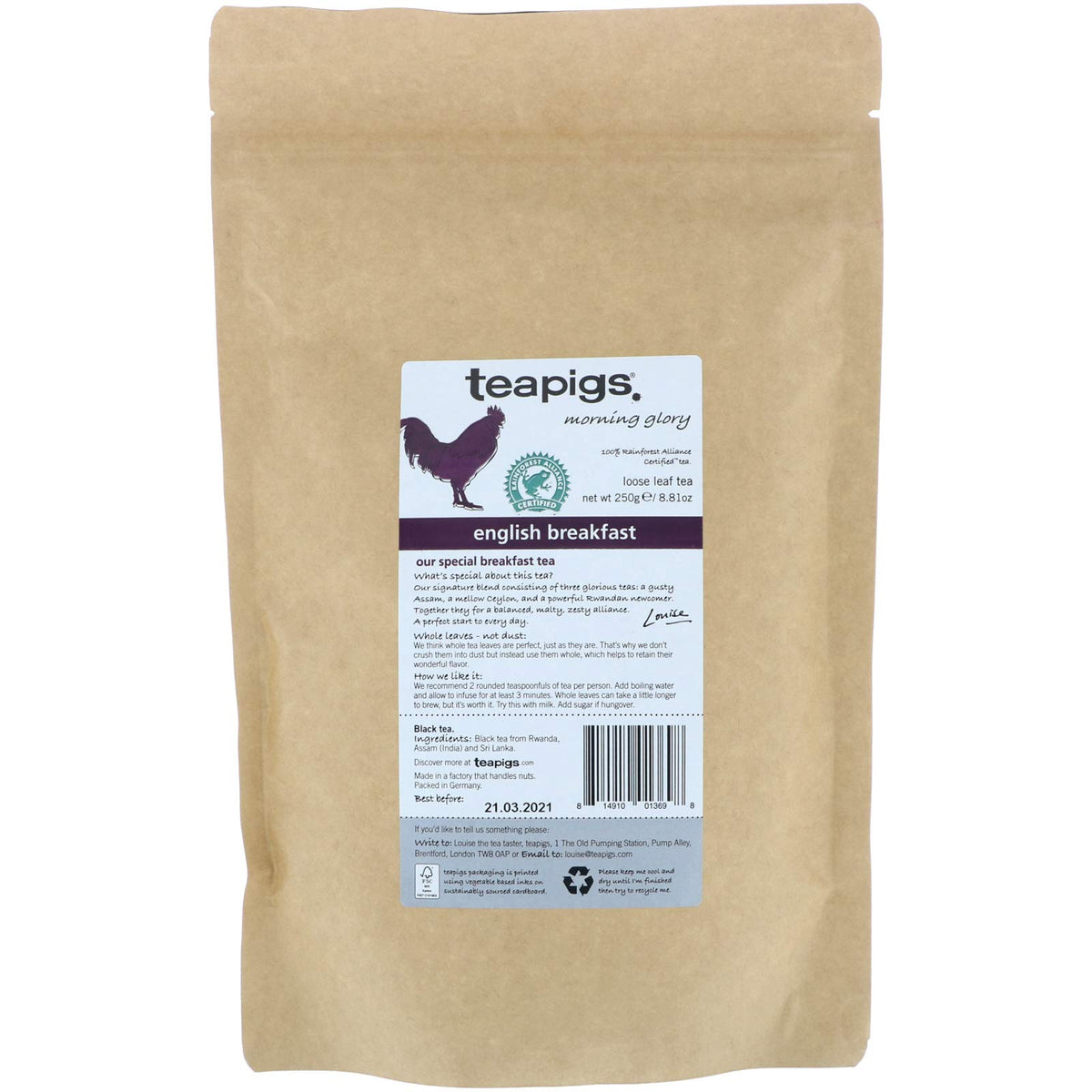 Teapigs English Breakfast loose tea leaves in a 250g pouch, ready for a rich morning cuppa.