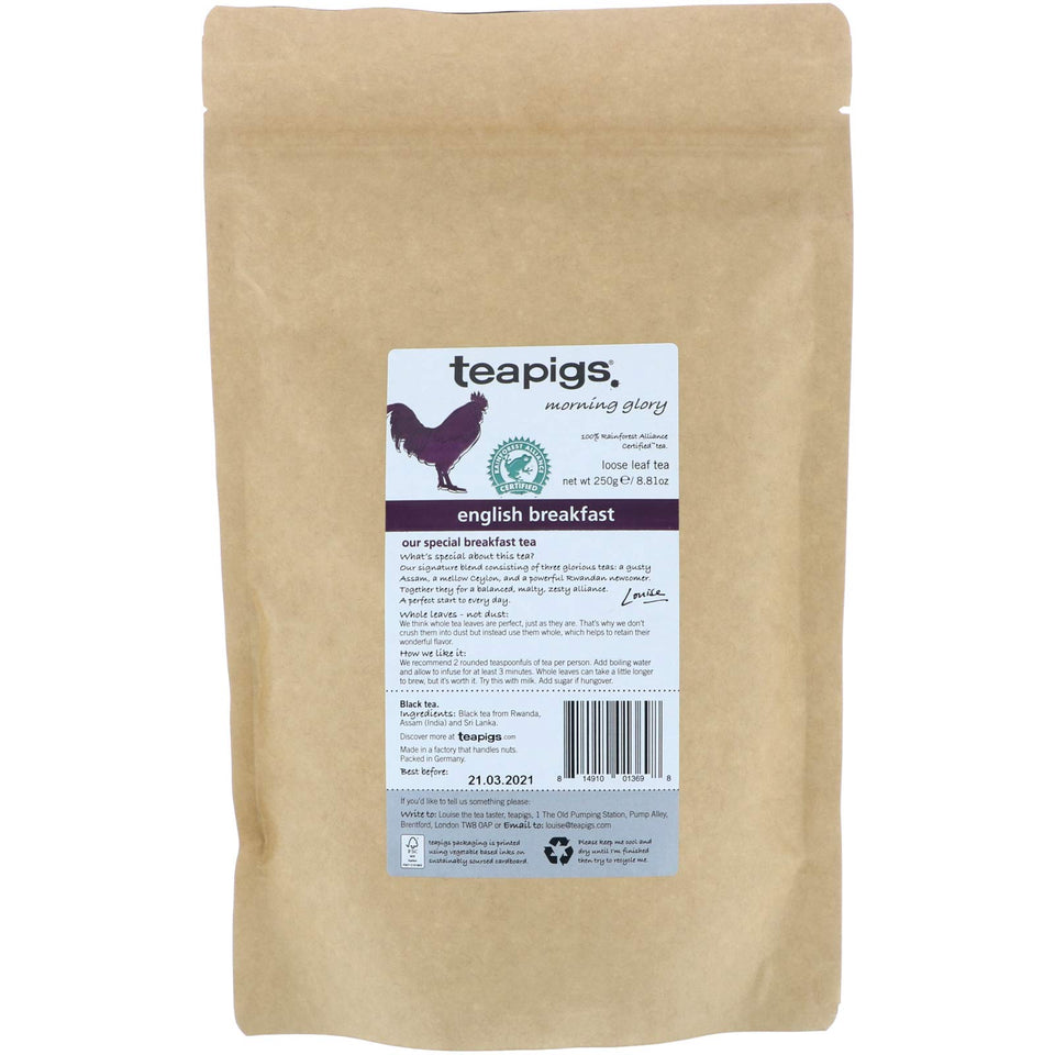 Teapigs English Breakfast loose tea leaves in a 250g pouch, ready for a rich morning cuppa.
