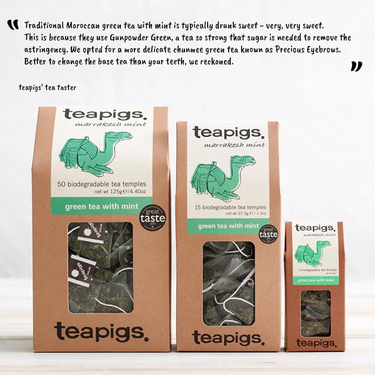 Teapigs Green Tea with Mint temples reveal large leaves for bold flavor.