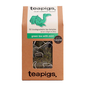 Teapigs Green Tea with Mint packaging shows large leaves in biodegradable bags.