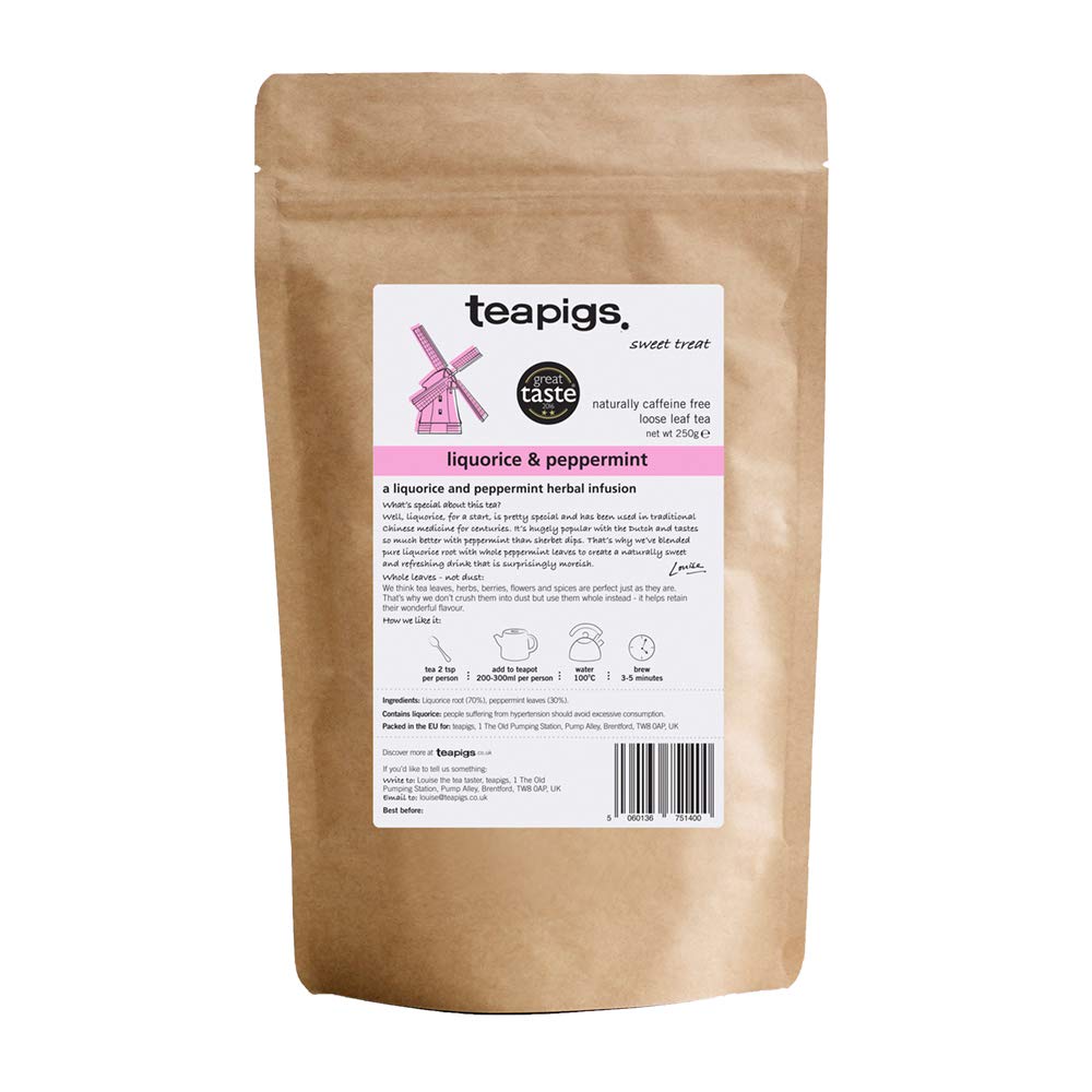 Teapigs Liquorice and Peppermint loose tea pack highlighting natural ingredients and caffeine-free premium quality.