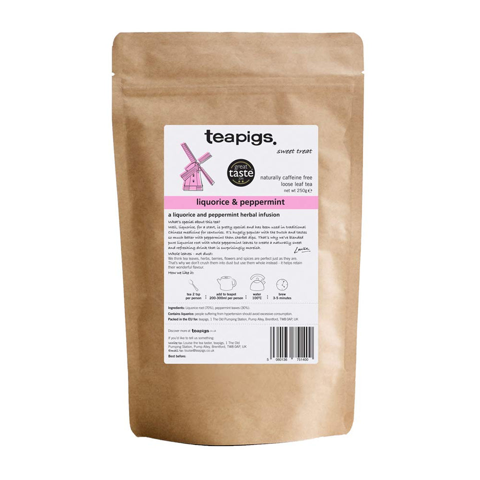 Teapigs Liquorice and Peppermint loose tea pack highlighting natural ingredients and caffeine-free premium quality.