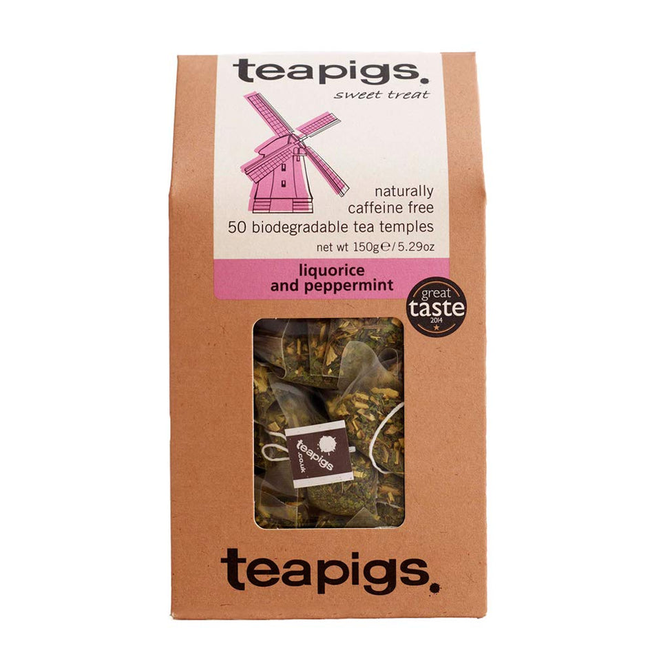 teapigs liquorice and peppermint tea bags with whole leaves, a naturally sweet, soothing cup