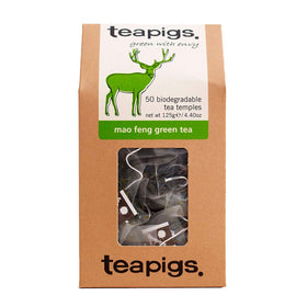 Teapigs Mao Feng Green Tea Bags pack showing 50 biodegradable temples for bold flavor
