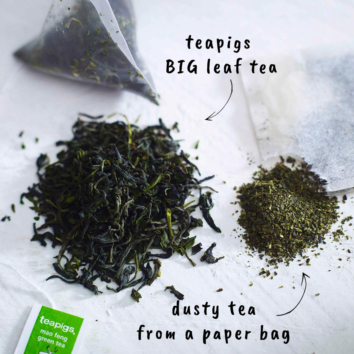 Teapigs Mao Feng tea temples close-up highlighting premium whole-leaf quality