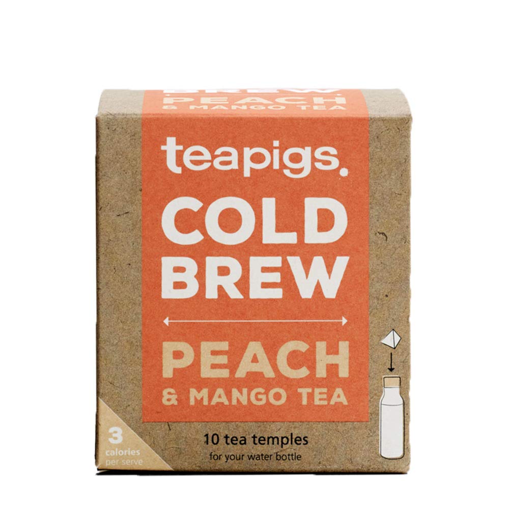 Teapigs Peach and Mango Cold Brew packaging with tea bags for quick refreshment.