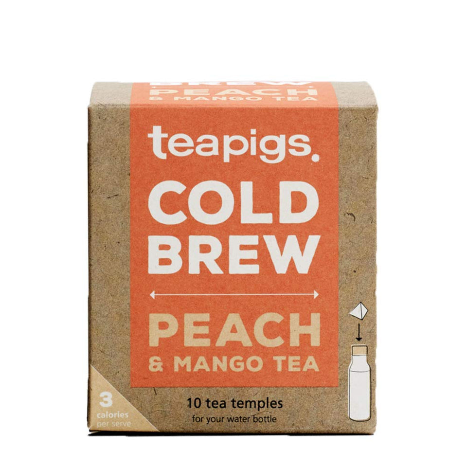 Teapigs Peach and Mango Cold Brew packaging with tea bags for quick refreshment.