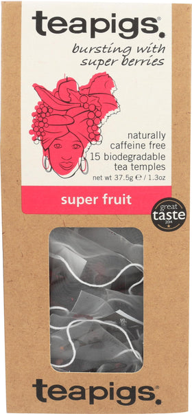 Teapigs Super Fruit Tea box front showing berries for a refreshing, caffeine-free break