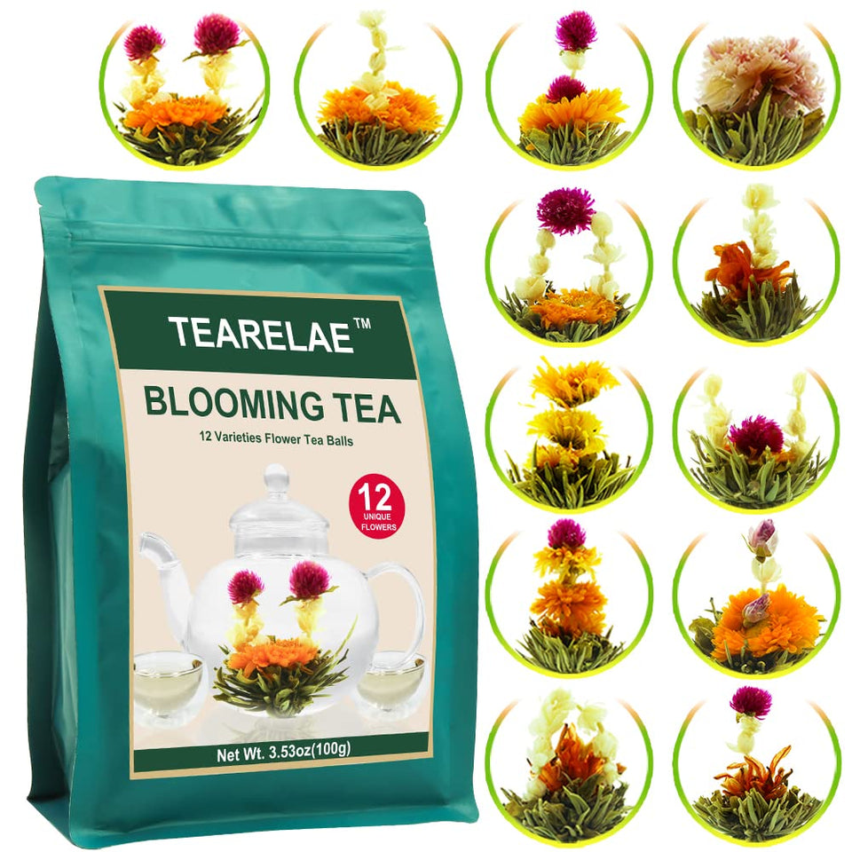 TEARELAE Blooming Tea Flowers packaging highlights individually wrapped pouches for peak flavor and aroma.