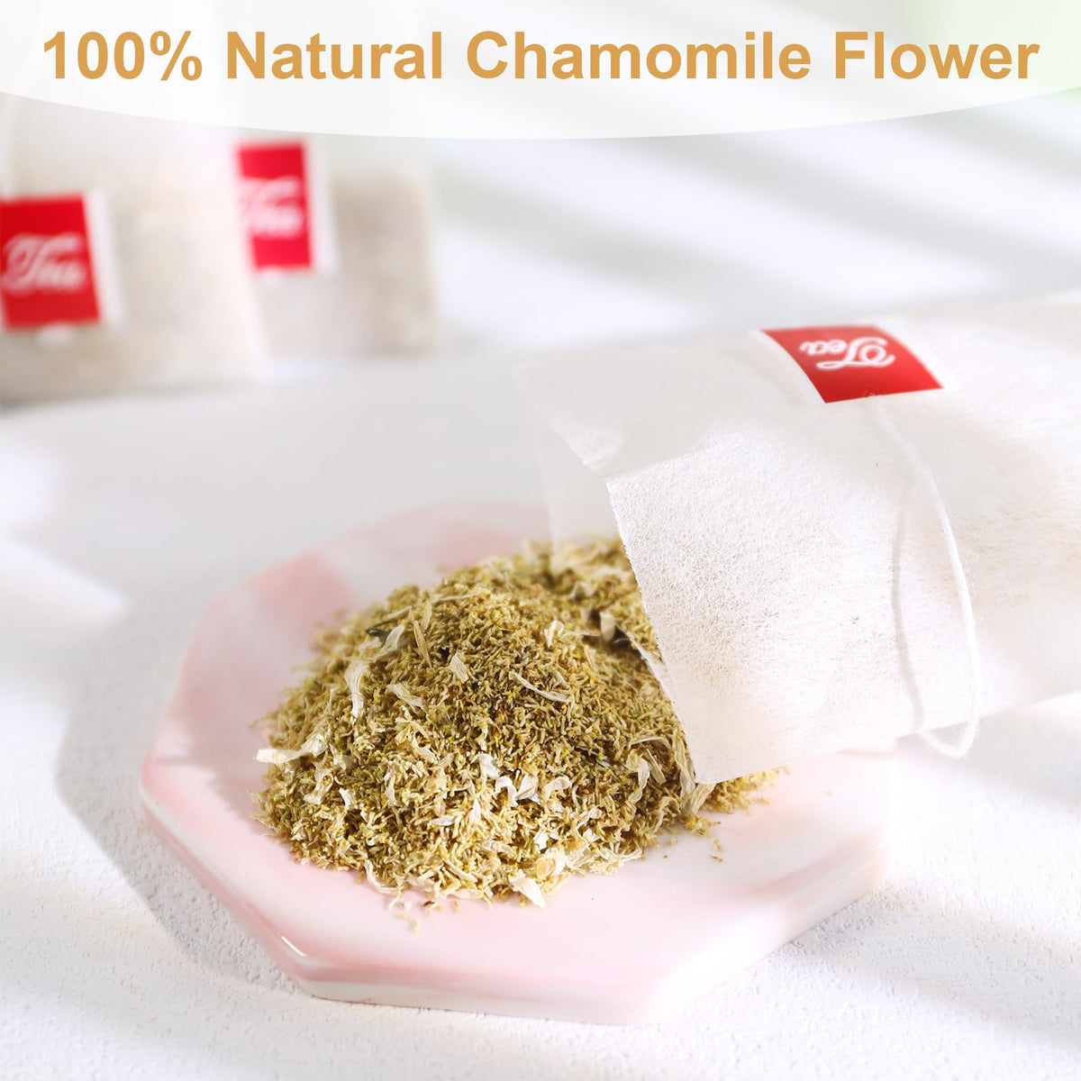 TEARELAE chamomile tea bags closeup showing delicate blooms and natural flavor
