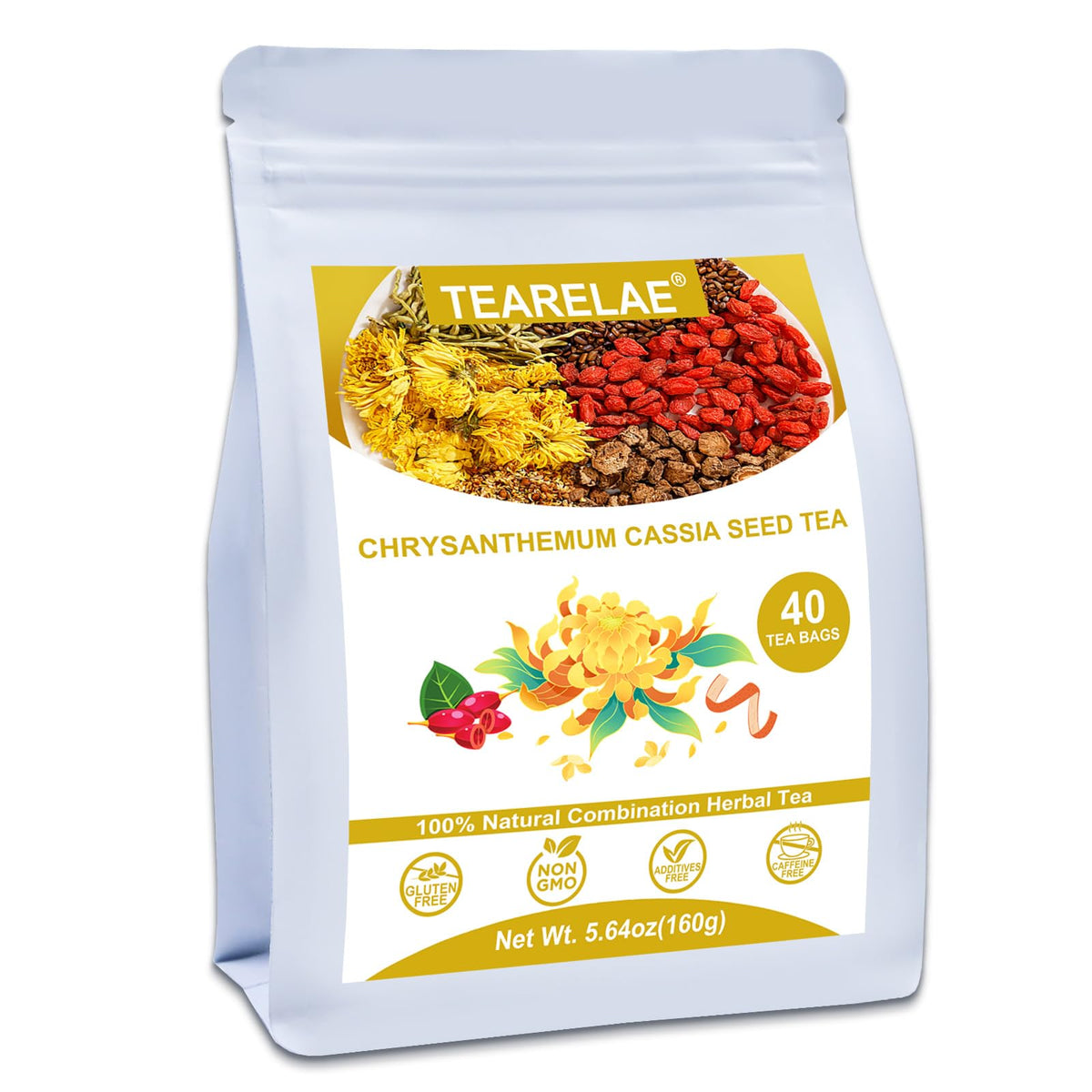 TEARELAE Chrysanthemum Cassia Seed Tea pack front promoting a calming evening ritual.