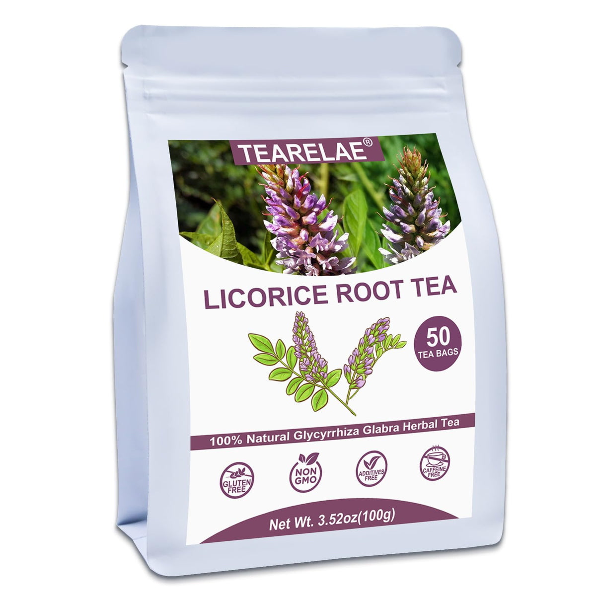 TEARELAE licorice root tea bag ready for a calming, caffeine-free cup.