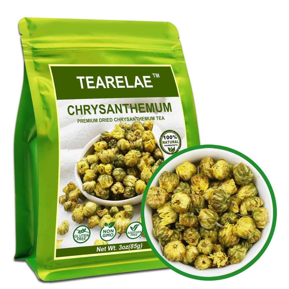 TEARELAE premium chrysanthemum tea buds ready for a delicate brew, showcasing freshness