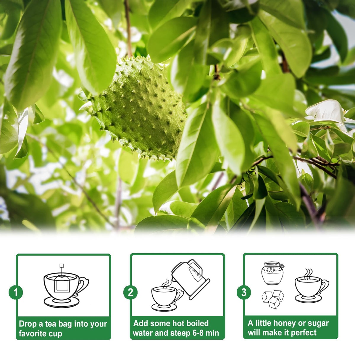 TEARELAE soursop tea packets stack, ready for quick single-bag brew.