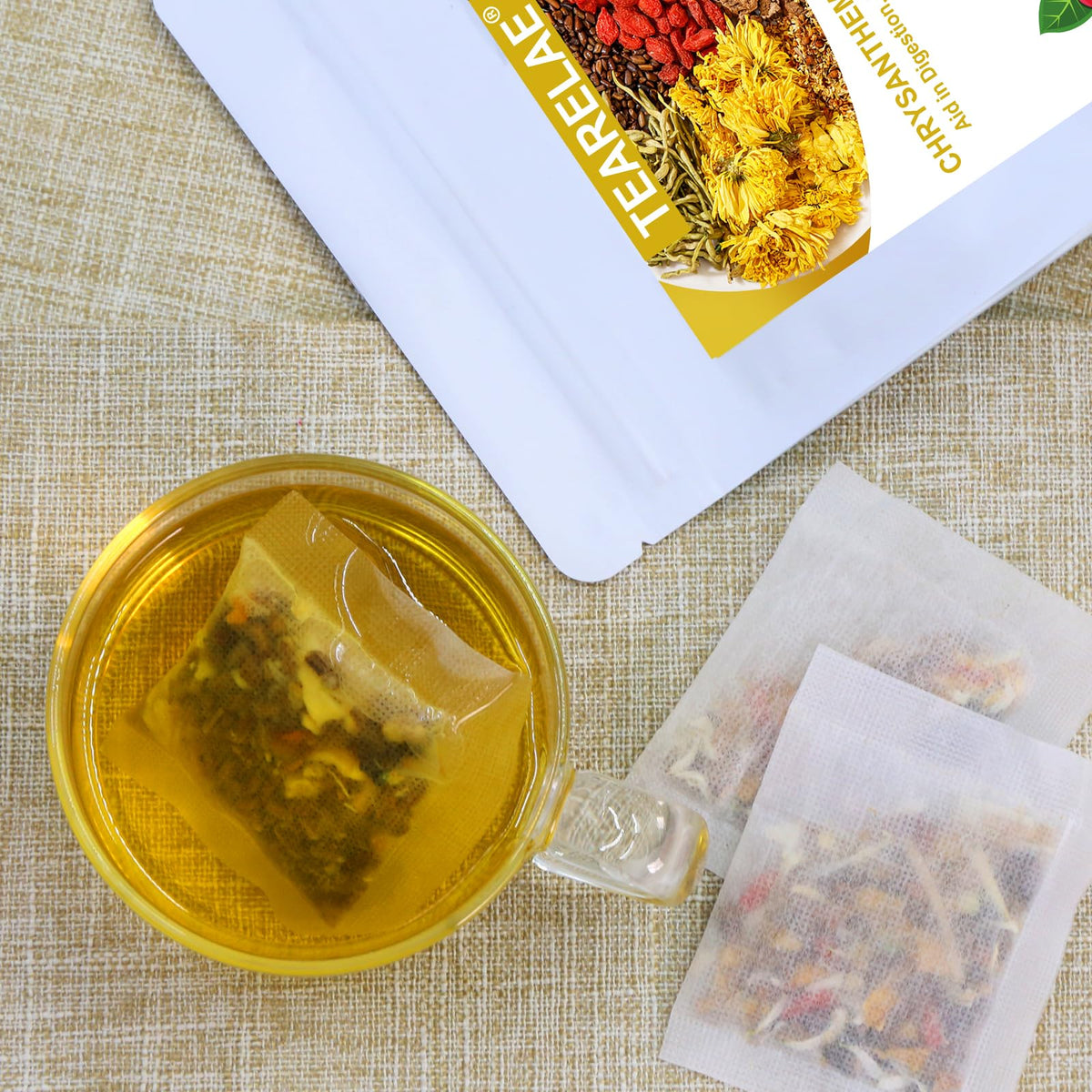 Close-up of TEARELAE tea bags highlighting the aromatic herbal blend.