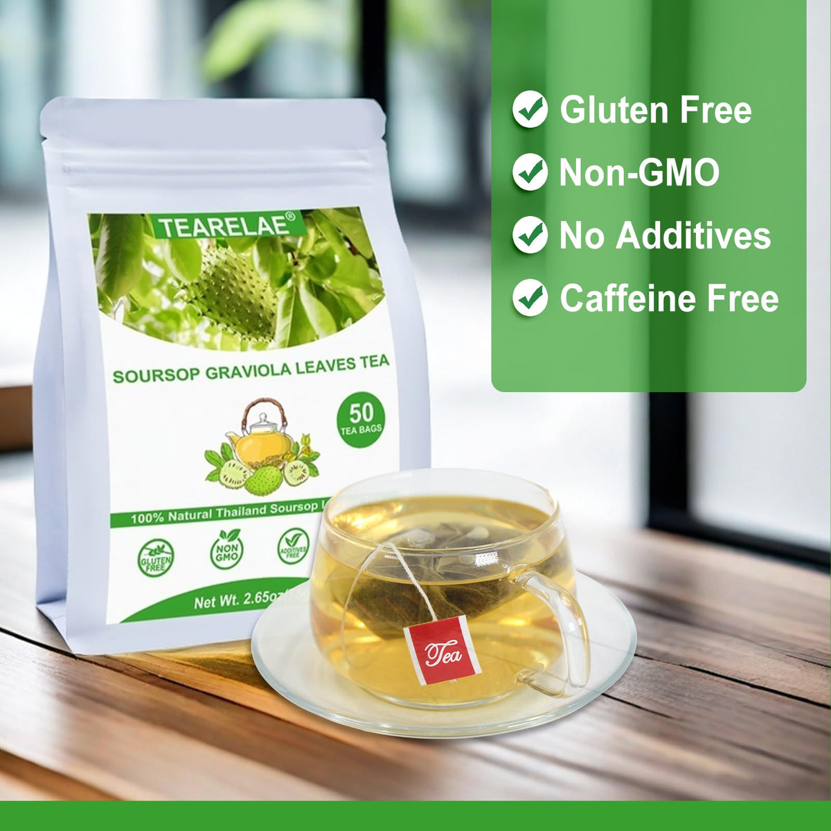 TEARELAE Thailand-sourced soursop leaves display, highlighting authentic herbal tea.