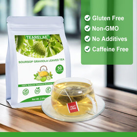 TEARELAE Thailand-sourced soursop leaves display, highlighting authentic herbal tea.