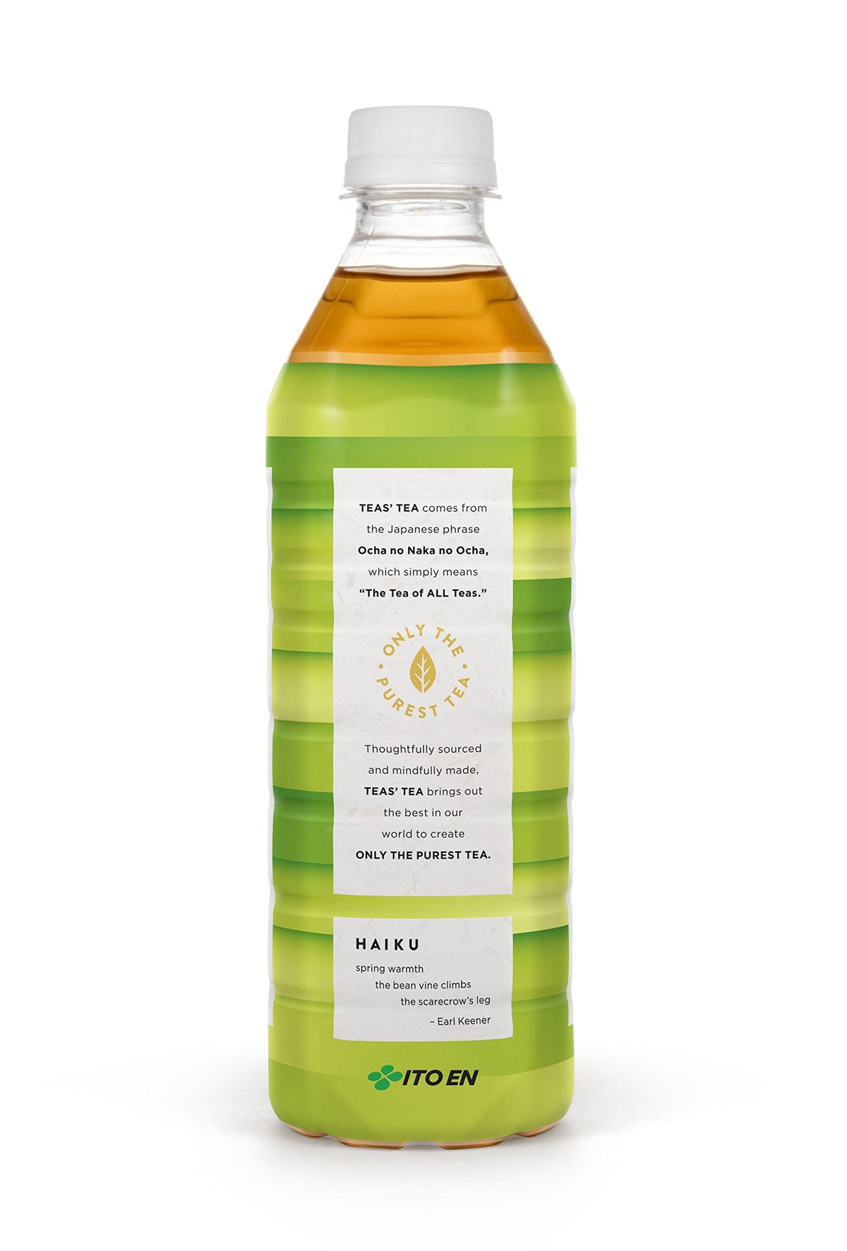 Teas' Tea bottle label highlights simple, unsweetened green tea for quick, refreshing hydration.