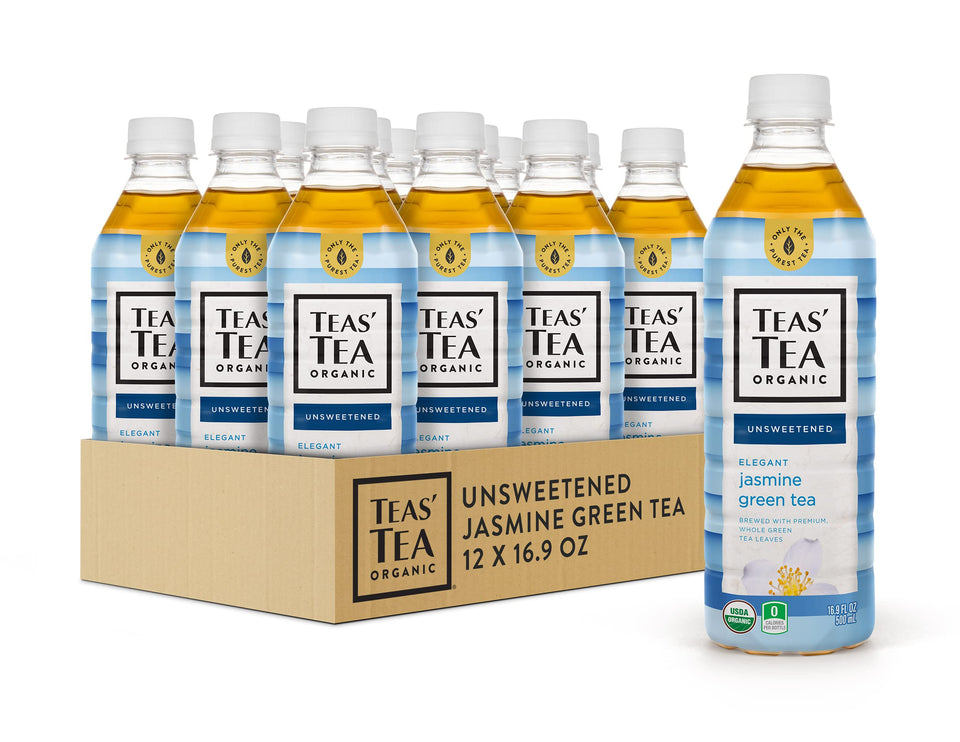 Teas' Tea Unsweetened Jasmine Green Tea bottle highlighting jasmine aroma and zero calories