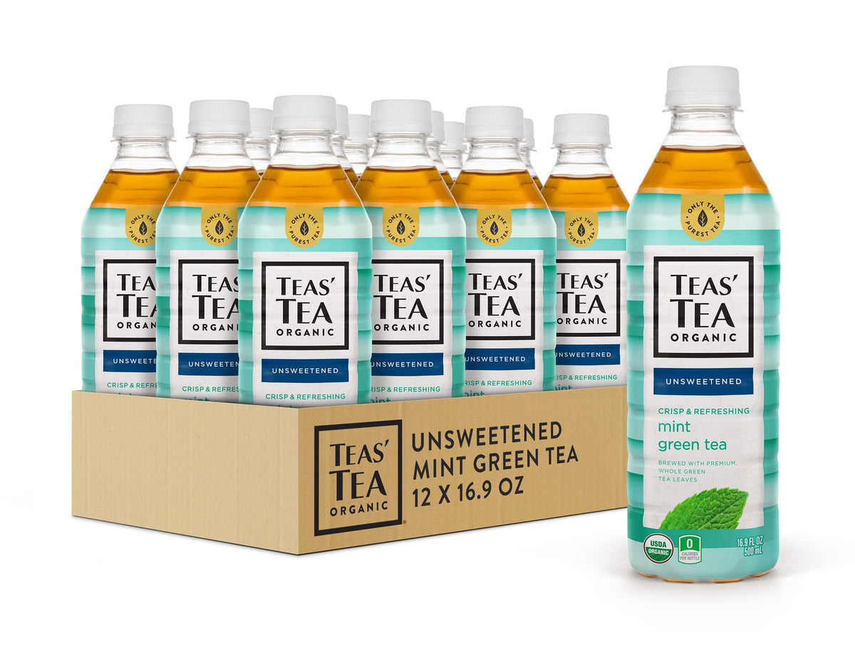 Teas' Tea unsweetened mint green tea bottle with crisp, refreshing flavor for on-the-go hydration