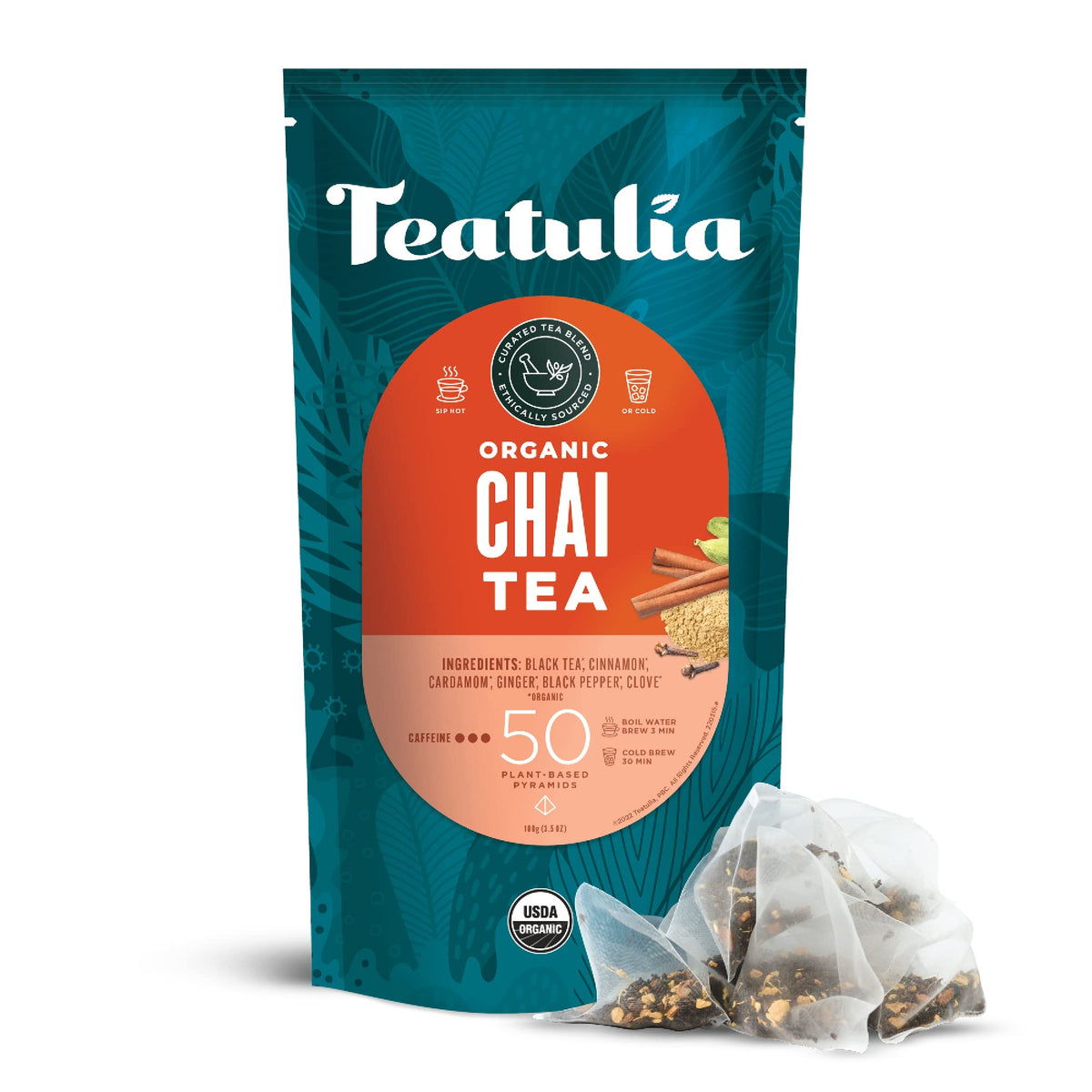 Teatulia masala chai tea bags packaging shown, highlighting compostable materials for eco-friendly brewing.