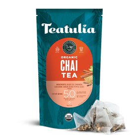 Teatulia masala chai tea bags packaging shown, highlighting compostable materials for eco-friendly brewing.