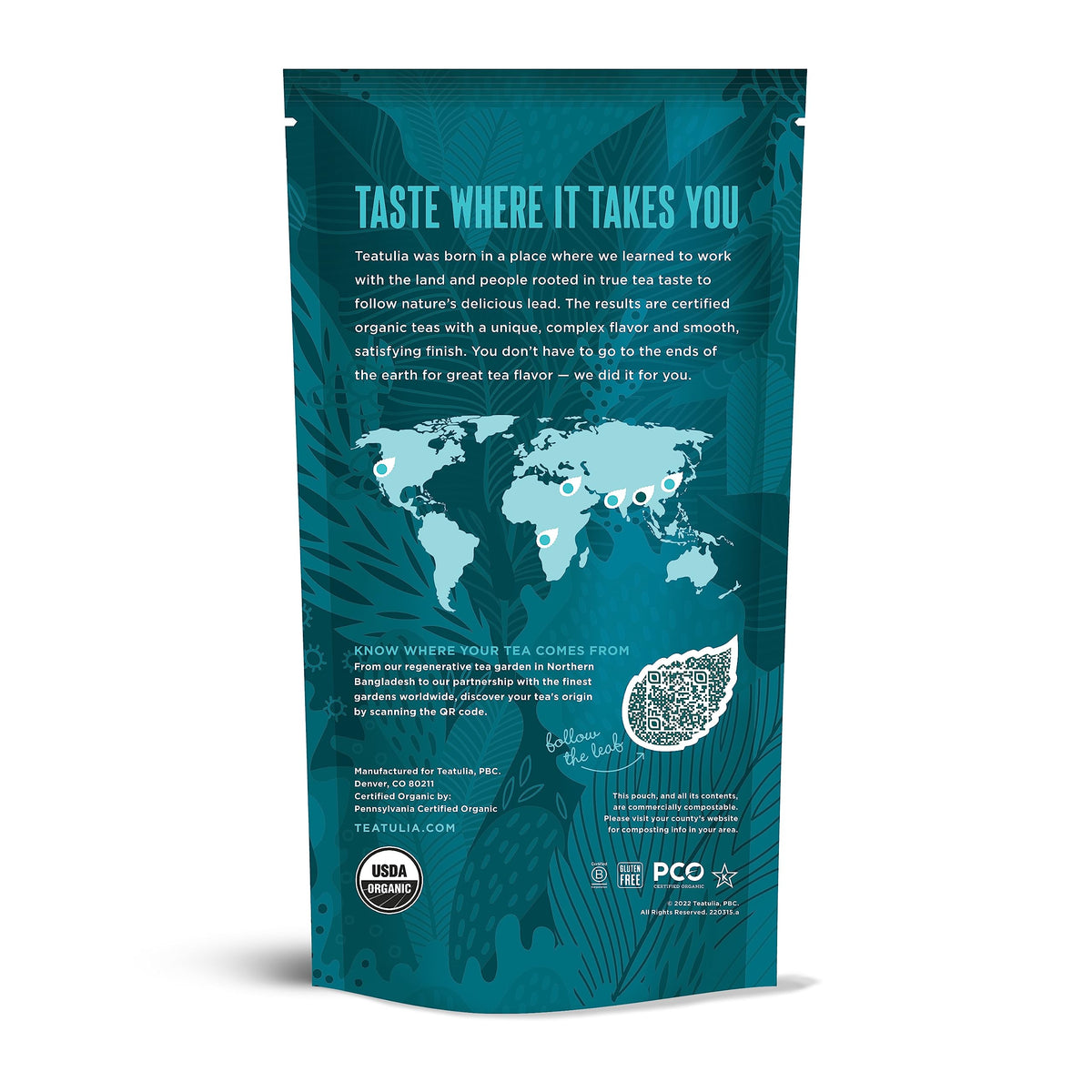 Teatulia pyramid tea bags close-up highlights whole leaf richness and bold aroma.