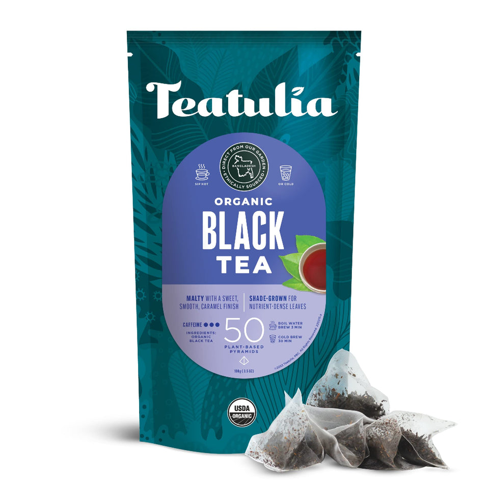 Teatulia black tea bags packaging shows 50 pyramid sachets for easy brewing.