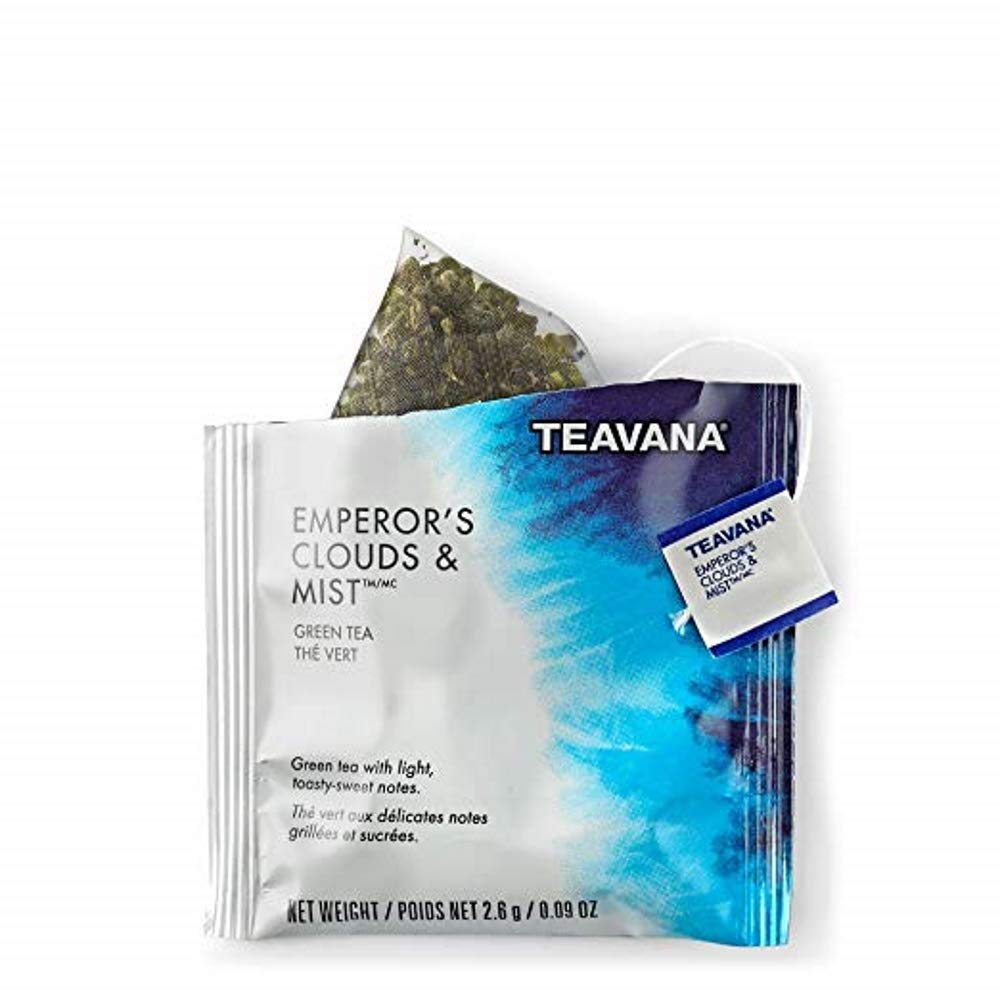 Teavana Emperors Clouds and Mist green tea sachets for a calming, aromatic cup at home.