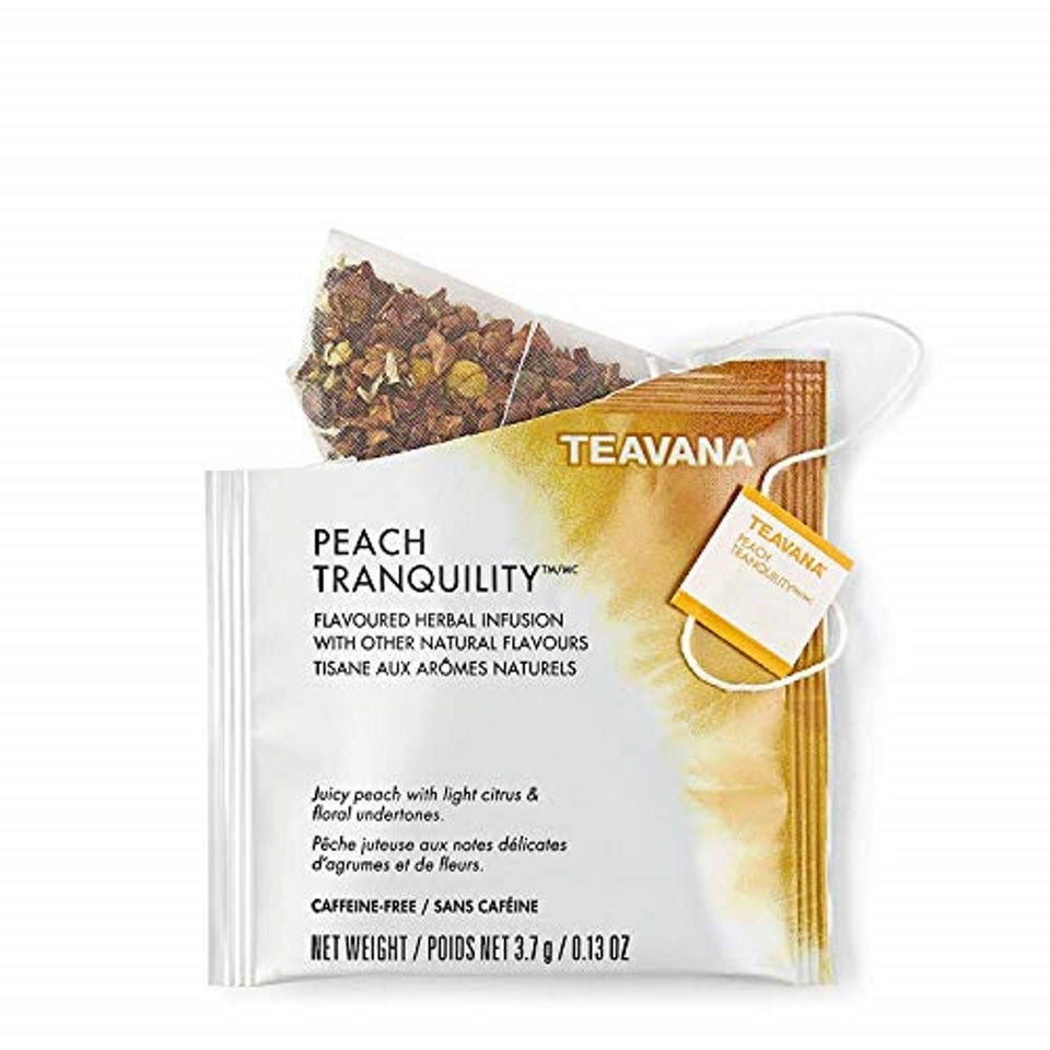 Teavana Lingtoolator Vana Peach Tranquility tea sachets, ideal for quick flavorful breaks.
