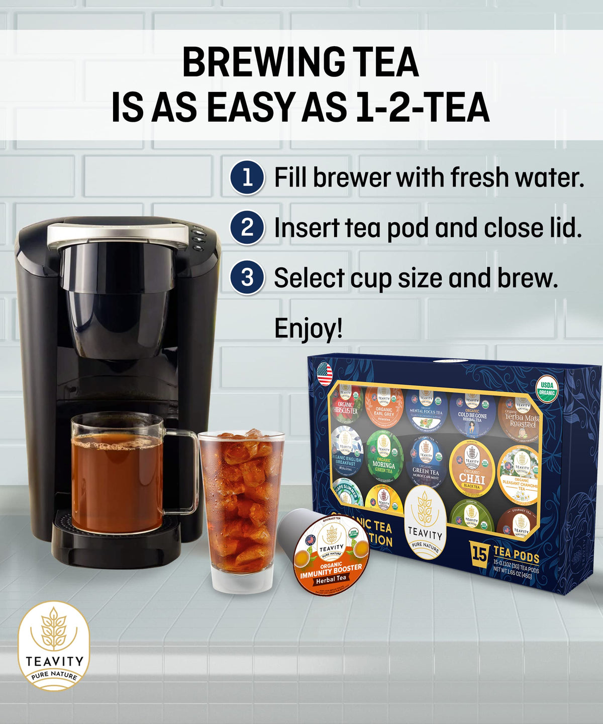 Shrink-wrapped Teavity packaging protects freshness during shipping.