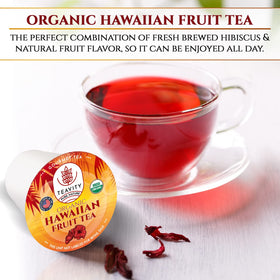 Teavity Hawaiian fruit tea pods packaging showcases premium, hand-picked quality.