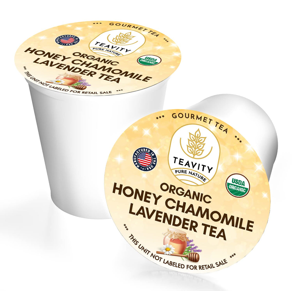 Teavity honey chamomile lavender aroma highlighted on packaging.