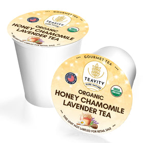 Teavity honey chamomile lavender aroma highlighted on packaging.