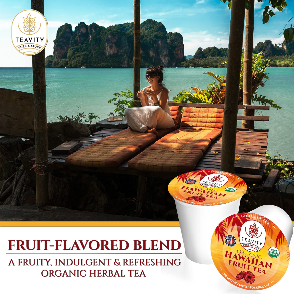Teavity iced tea being poured, cool and refreshing tropical flavors.
