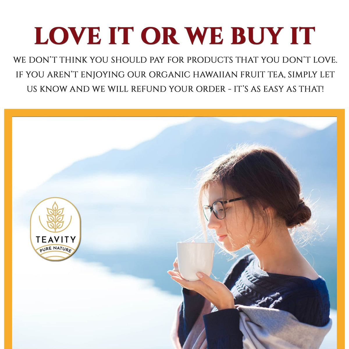 Teavity shrink-wrapped packaging protects freshness during shipping.