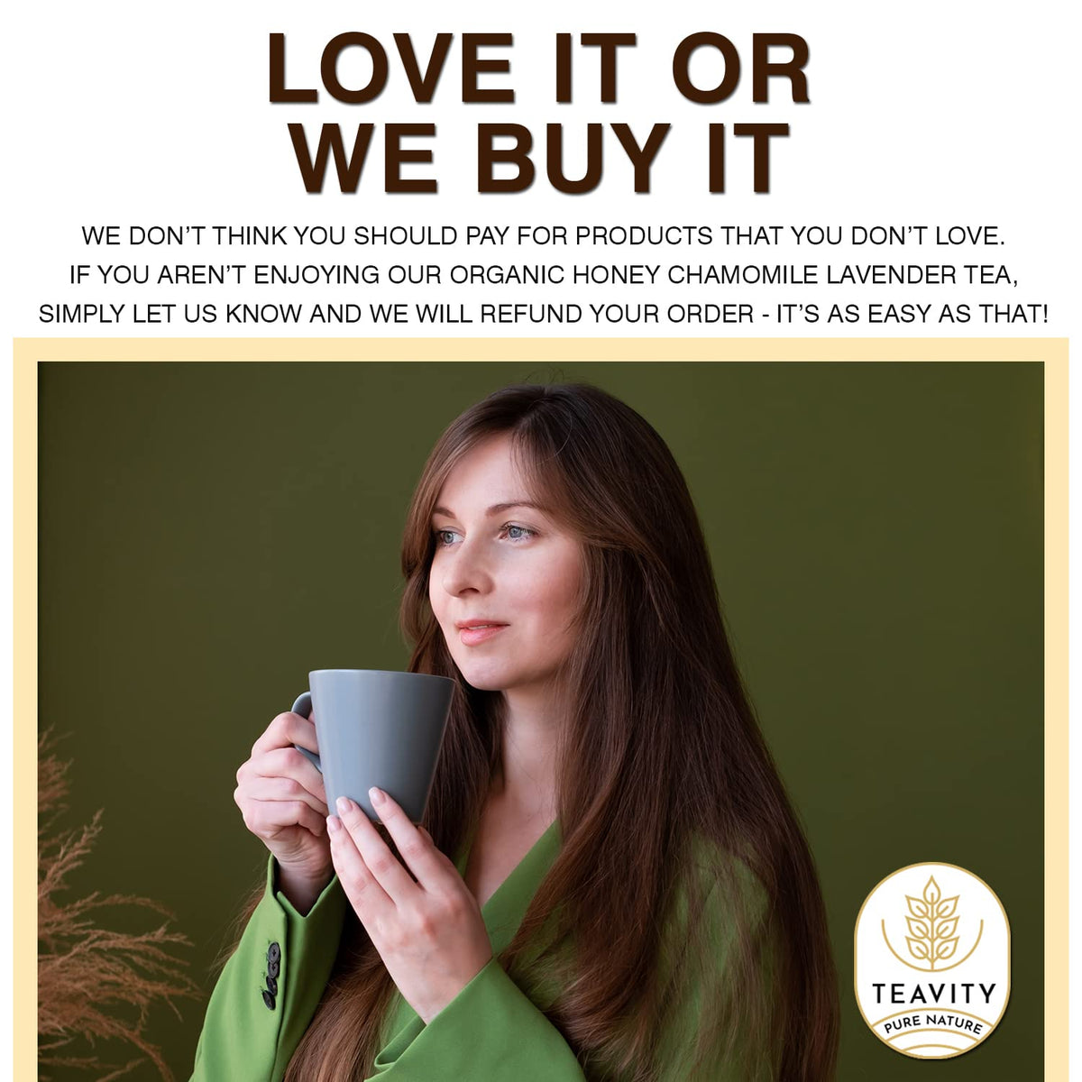 Teavity organic farming label emphasizing organic ingredients and sustainability.