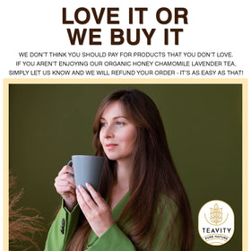 Teavity organic farming label emphasizing organic ingredients and sustainability.