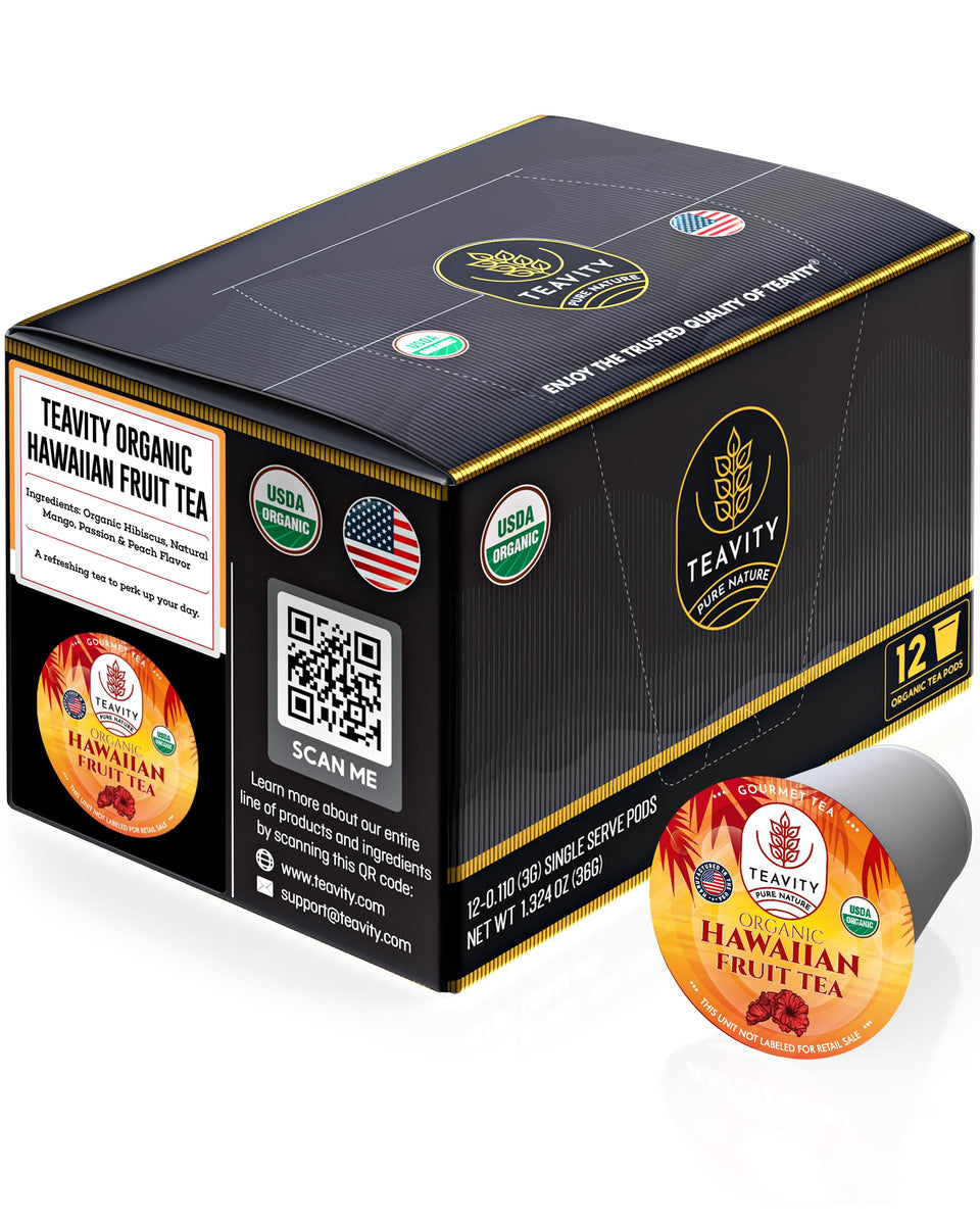 Teavity organic hibiscus teapods box for convenient Keurig brewing.