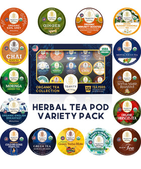 Teavity organic tea pods variety pack box—convenient Keurig compatibility and flavor variety.