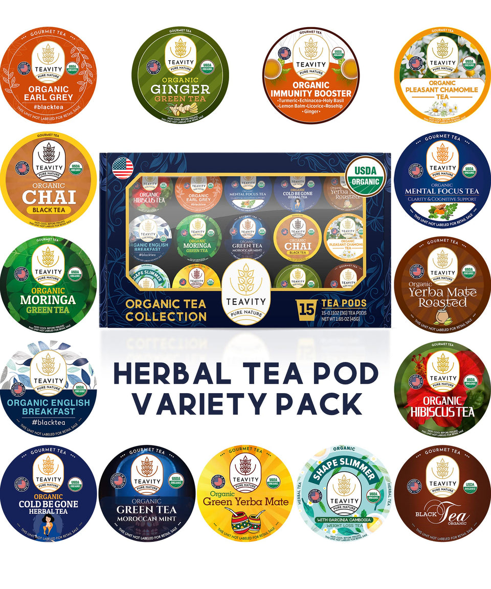 Teavity organic tea pods variety pack box—convenient Keurig compatibility and flavor variety.