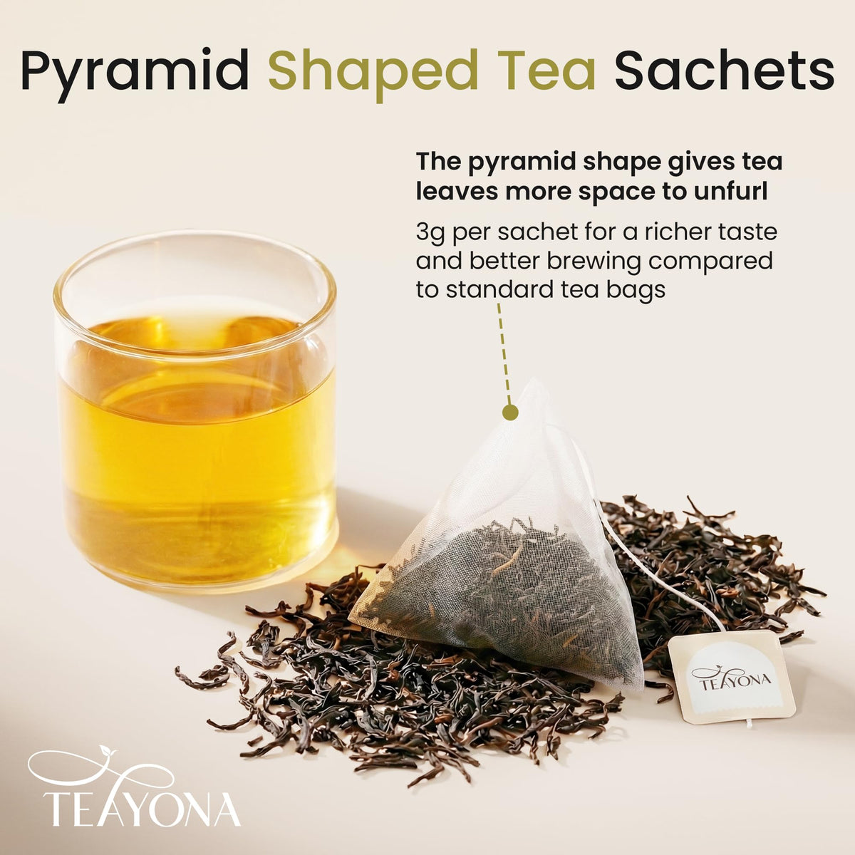 Teayona Black Tea pyramid sachet steeping capturing a rich aroma.