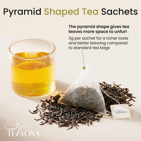 Teayona Black Tea pyramid sachet steeping capturing a rich aroma.