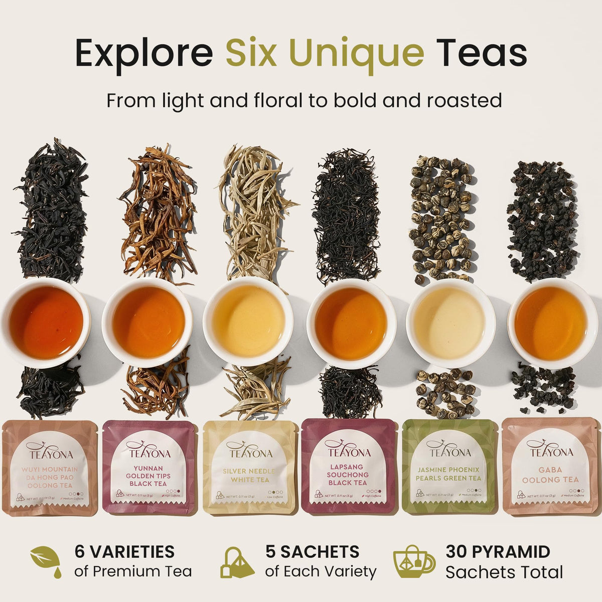 Teayona Green Tea pyramid sachet closeup highlighting pure leaves for fresh flavor.