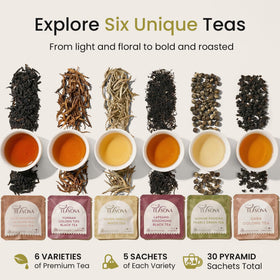 Teayona Green Tea pyramid sachet closeup highlighting pure leaves for fresh flavor.