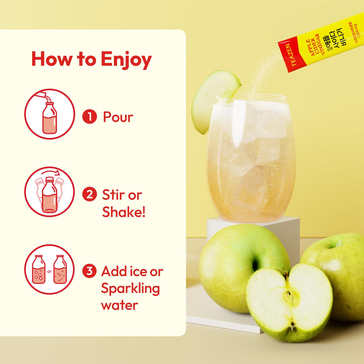 TEAZEN ACV packet with citrus zest, tangy flavor boost after meals.